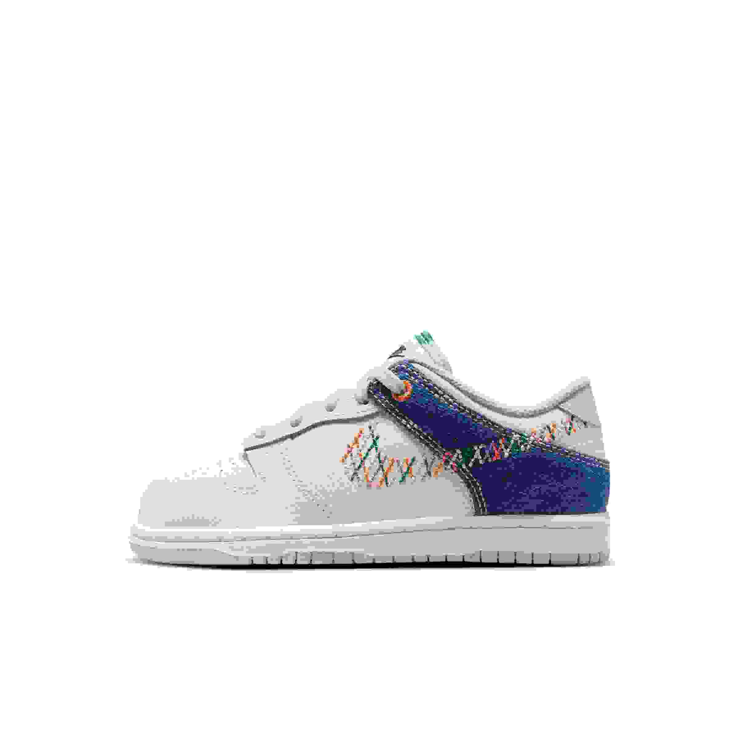 Nike Dunk Low Preschool Girls' "Soft Pearl/Blue Denim/Midnight Navy/Multi-Color" Shoe